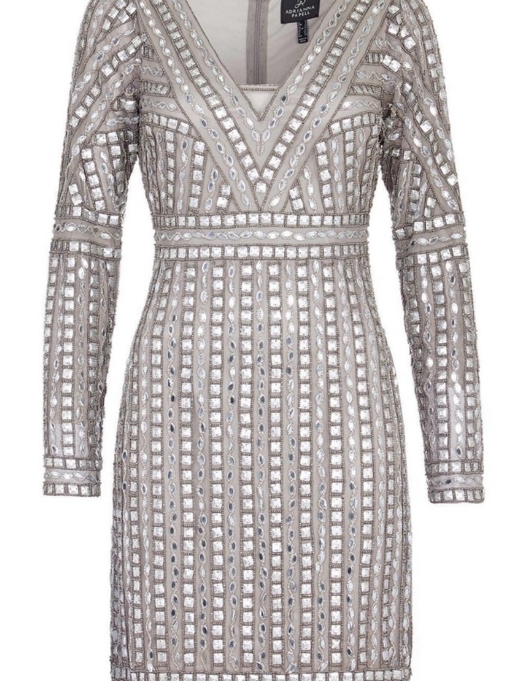 Adrianna Papell Silver Beaded V-Neck Long Sleeve Cocktail Dress